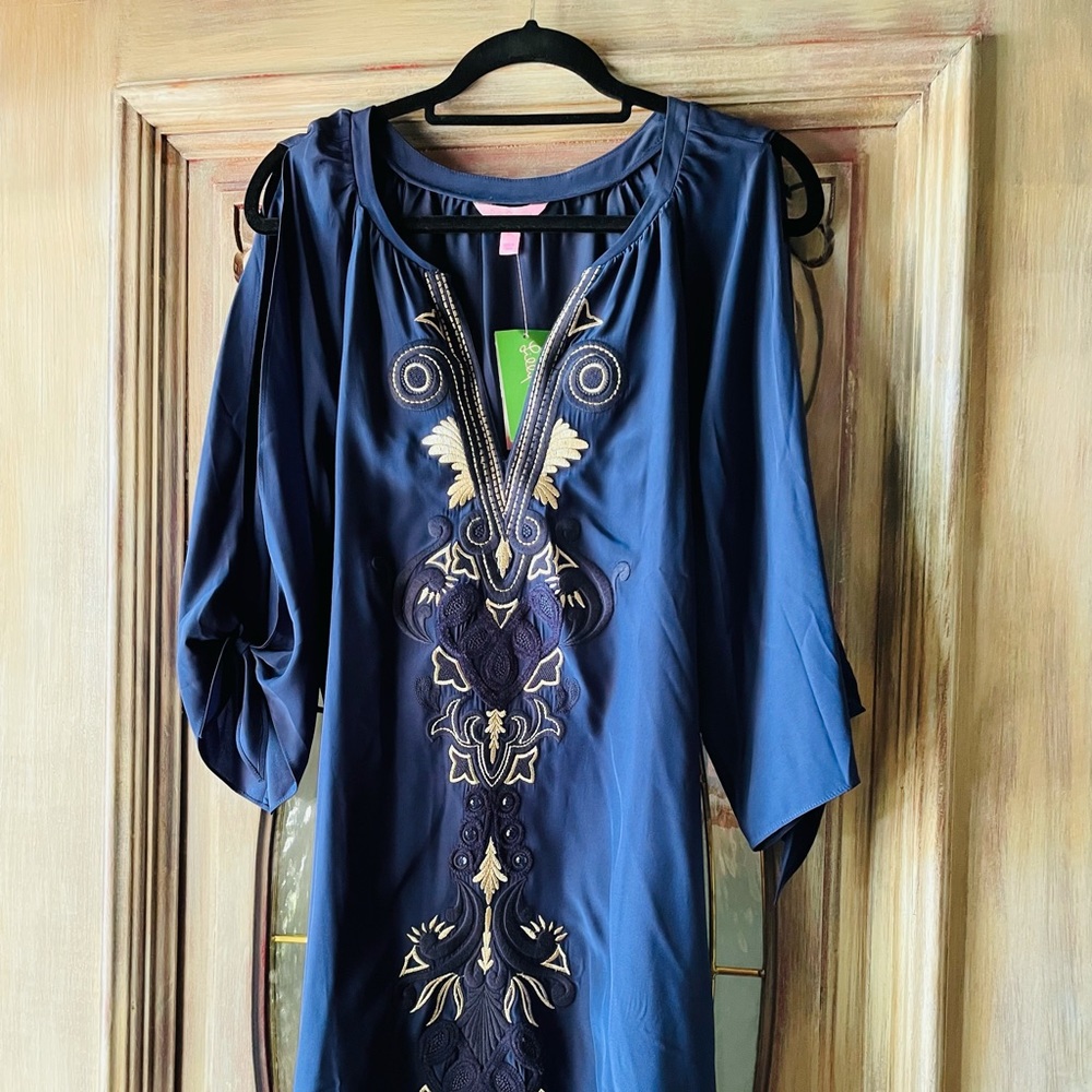 Lilly Pullitzer Navy Silk Gold Dres, XL NWT!